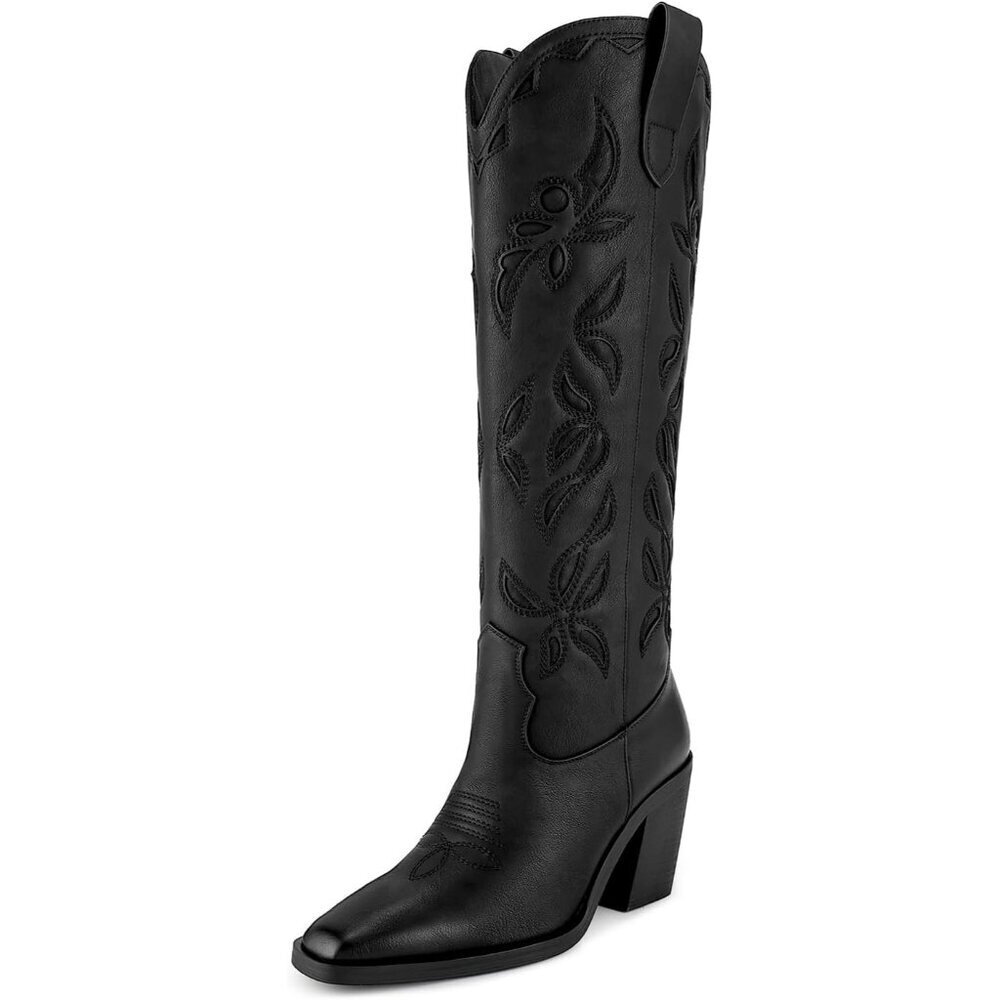 Women Knee Black Faux Leather Pull On Tab Chunky Heel Pointed Toe Unique Boots